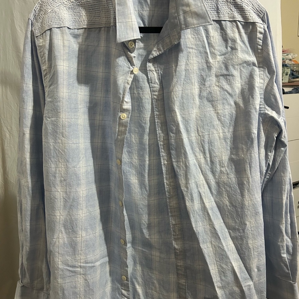 Perry Ellis Sky Blue Checkered Button Down Shirt